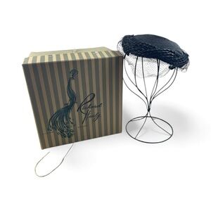 Vintage 1950s Richard Healy Black Fascinator Hat Veil L Side Bars w/ Box USA